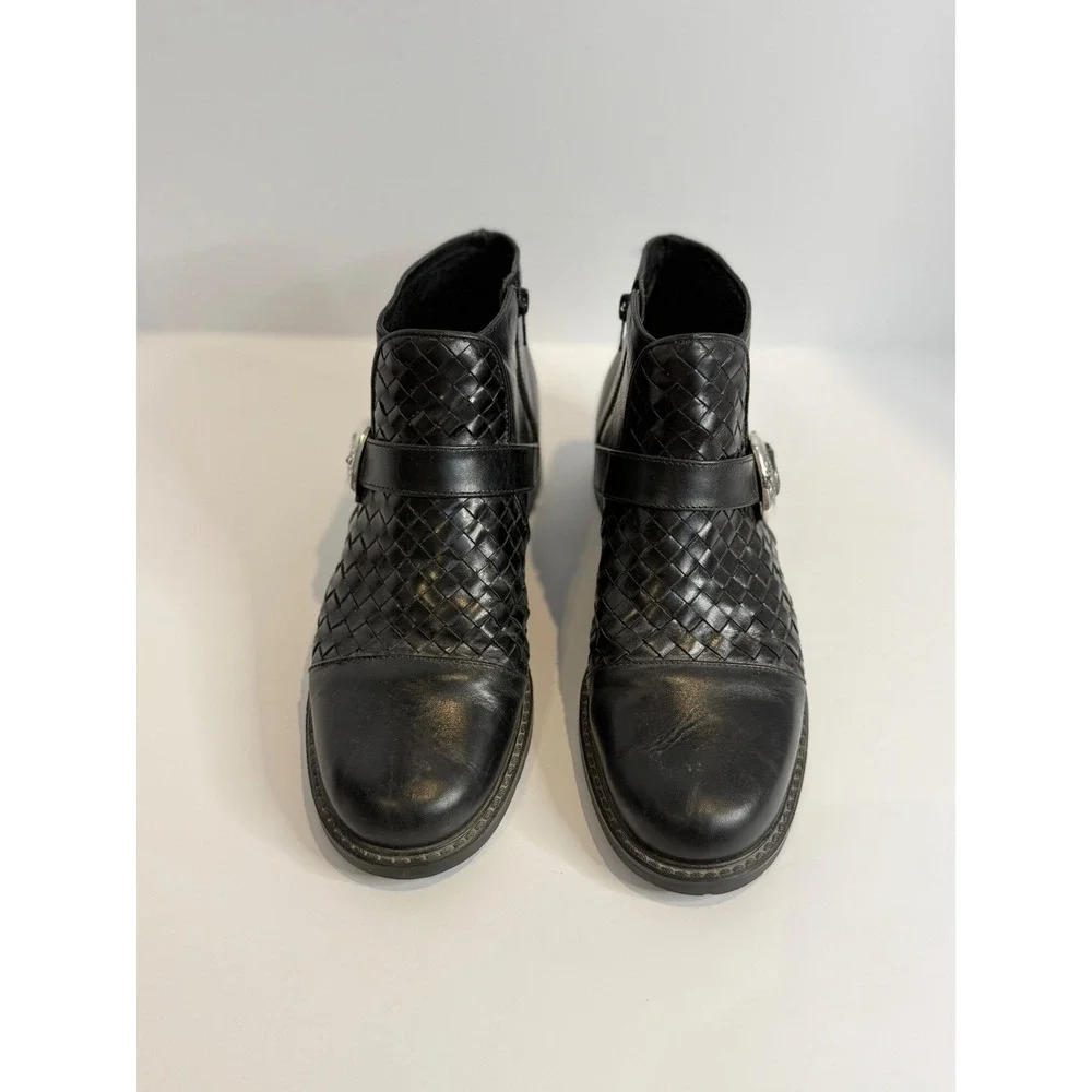 Brighton Black Woven Leather Ankle Boots Silver Buckle Made in Brazil Women's 8M
